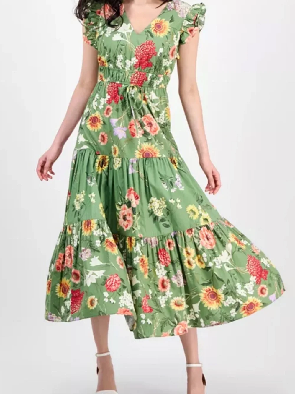 Anne Klein Green Floral Tiered Midi Dress Cottagecore Garden Party Large - Picture 13 of 13